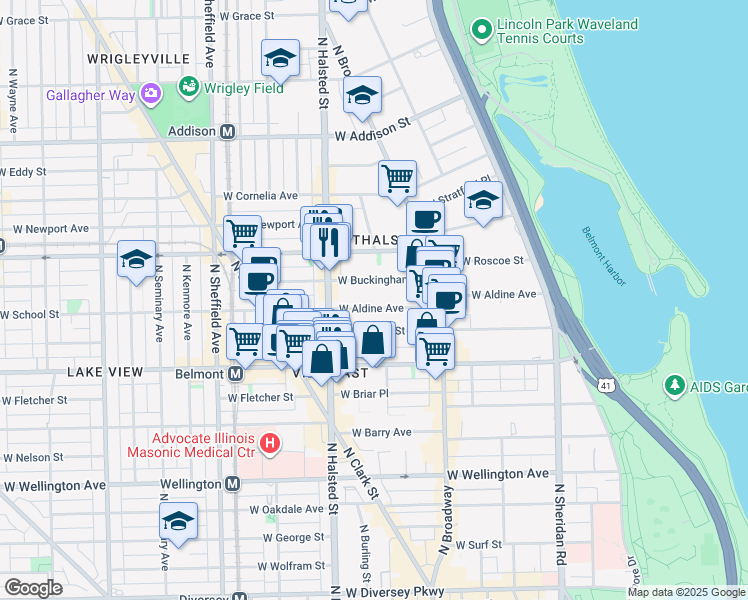 map of restaurants, bars, coffee shops, grocery stores, and more near 710 West Aldine Avenue in Chicago