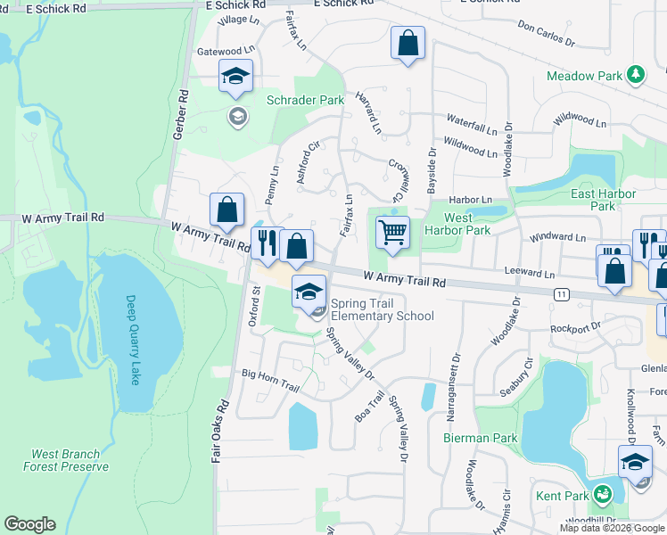 map of restaurants, bars, coffee shops, grocery stores, and more near W Army Trail Rd & Fairfax Ln in Bartlett