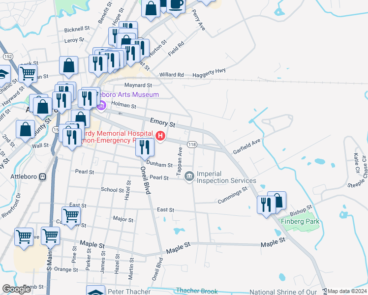 map of restaurants, bars, coffee shops, grocery stores, and more near 9 George Street in Attleboro