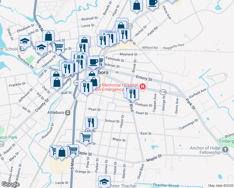 map of restaurants, bars, coffee shops, grocery stores, and more near 64 Dunham Street in Attleboro