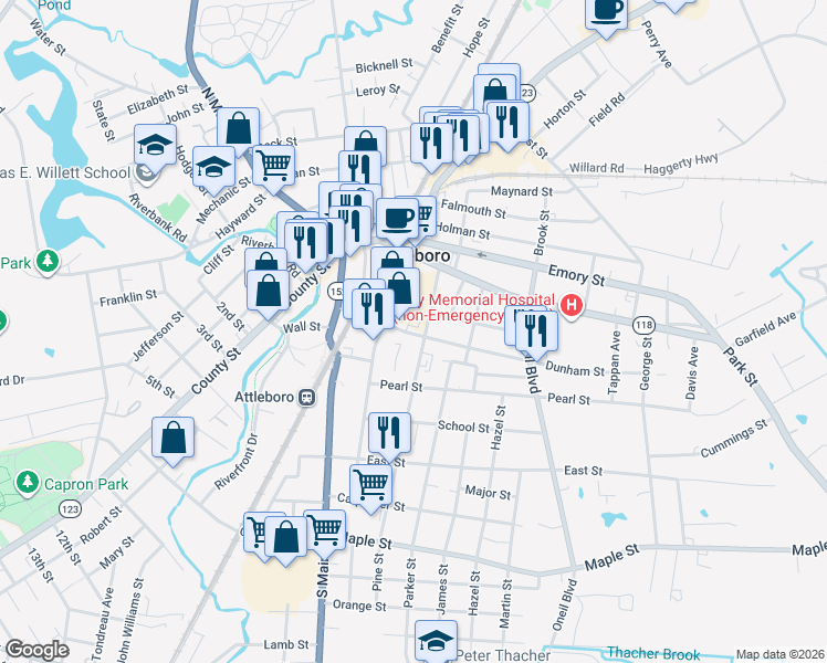 map of restaurants, bars, coffee shops, grocery stores, and more near 61 Union Street in Attleboro