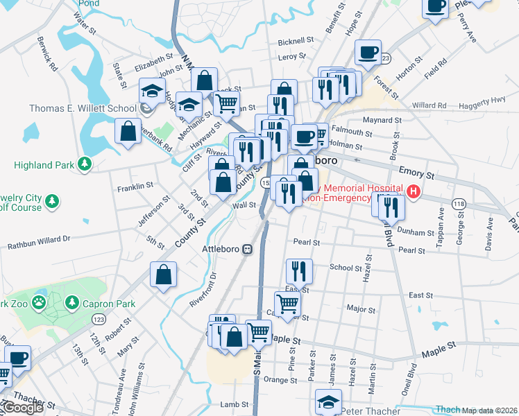 map of restaurants, bars, coffee shops, grocery stores, and more near 75 South Main Street in Attleboro