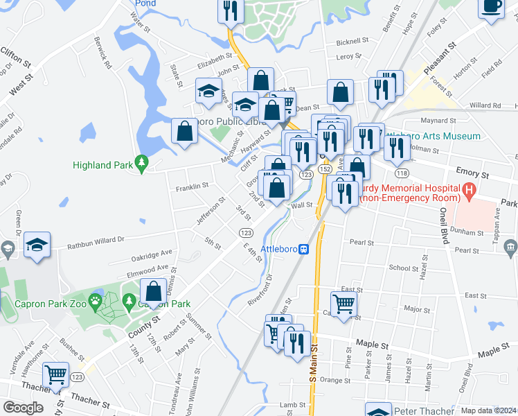 map of restaurants, bars, coffee shops, grocery stores, and more near 119 County Street in Attleboro