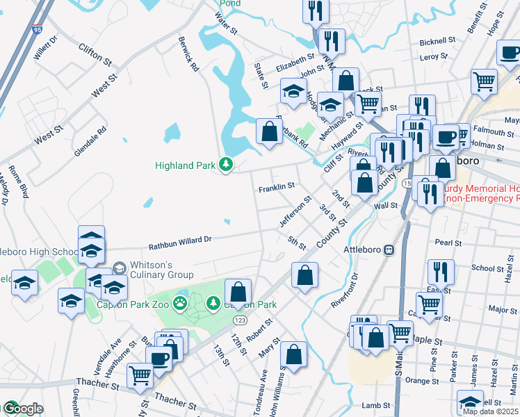 map of restaurants, bars, coffee shops, grocery stores, and more near 66 Dennis Street in Attleboro