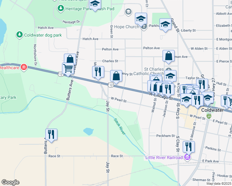 map of restaurants, bars, coffee shops, grocery stores, and more near 322 West Pearl Street in Coldwater