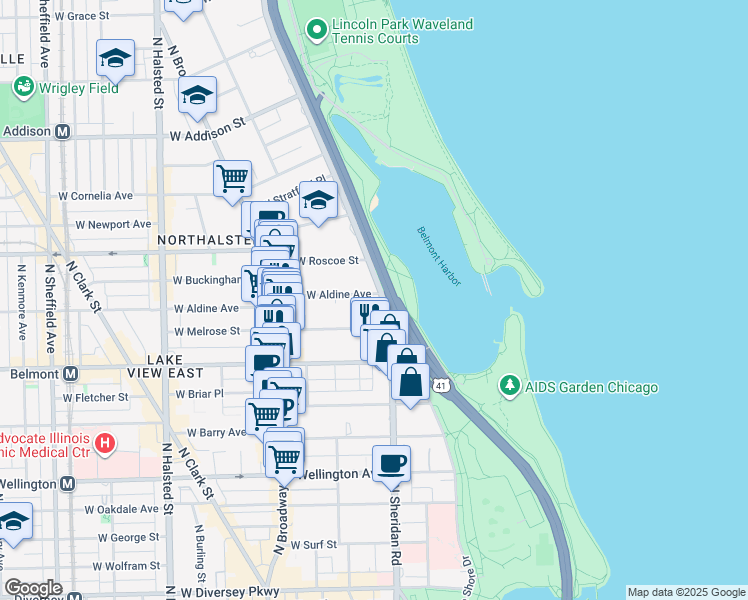 map of restaurants, bars, coffee shops, grocery stores, and more near 420 West Melrose Street in Chicago