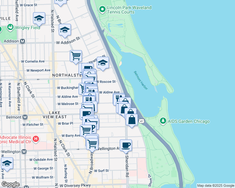 map of restaurants, bars, coffee shops, grocery stores, and more near 420 West Melrose Street in Chicago