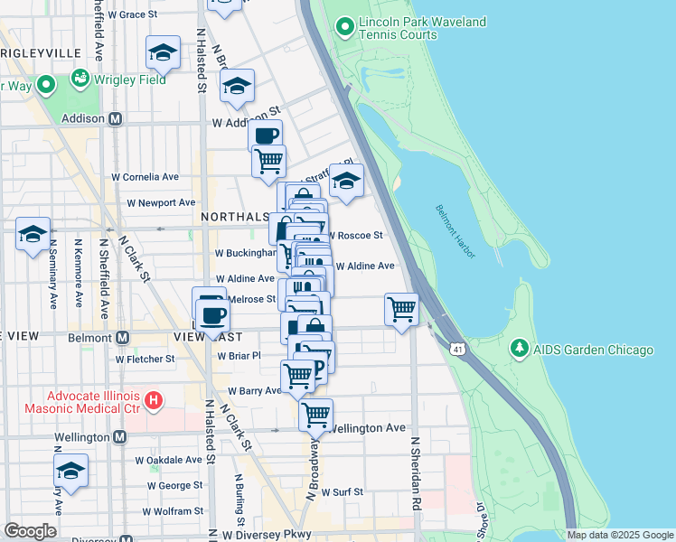 map of restaurants, bars, coffee shops, grocery stores, and more near 540 West Melrose Street in Chicago