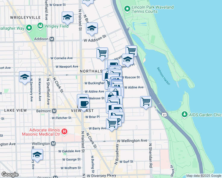 map of restaurants, bars, coffee shops, grocery stores, and more near 3257 North Broadway in Chicago