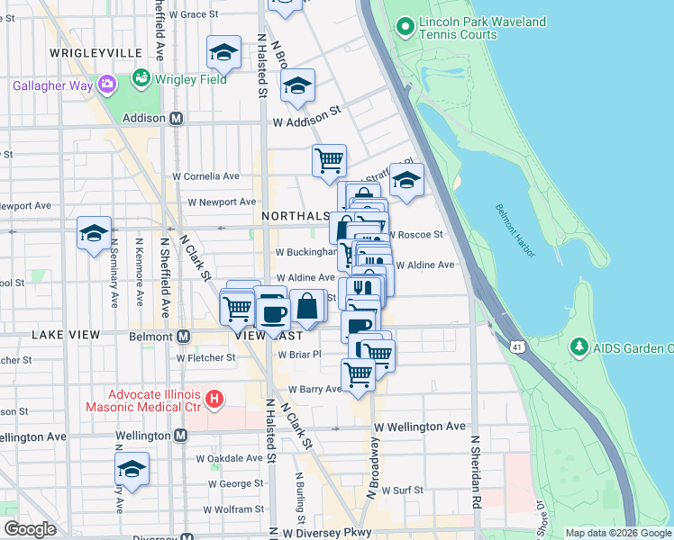 map of restaurants, bars, coffee shops, grocery stores, and more near 653 West Aldine Avenue in Chicago