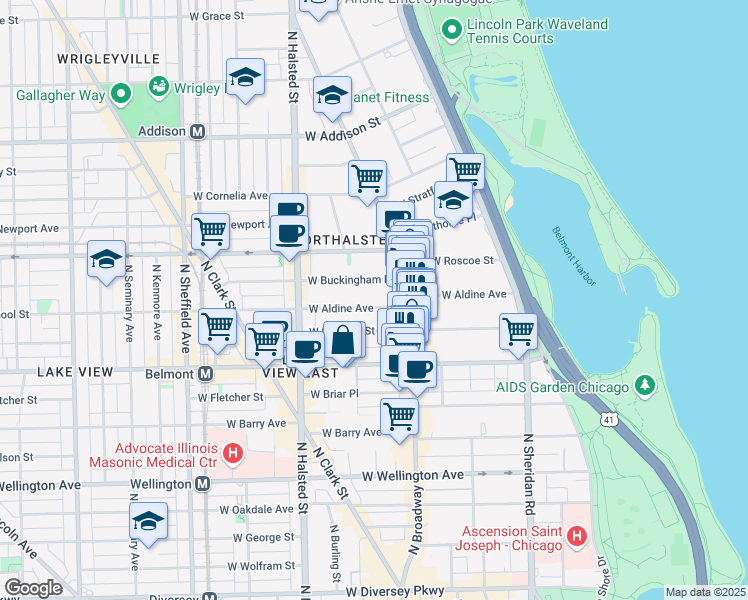 map of restaurants, bars, coffee shops, grocery stores, and more near 653 West Aldine Avenue in Chicago