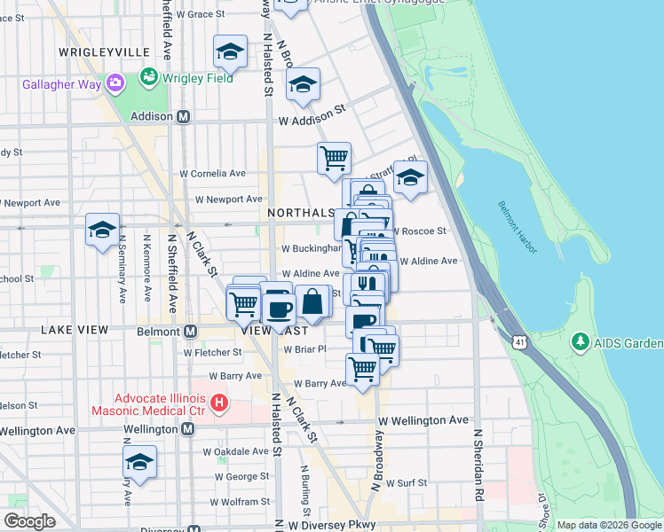 map of restaurants, bars, coffee shops, grocery stores, and more near 653 West Aldine Avenue in Chicago