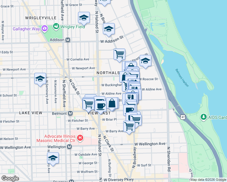 map of restaurants, bars, coffee shops, grocery stores, and more near 653 West Aldine Avenue in Chicago