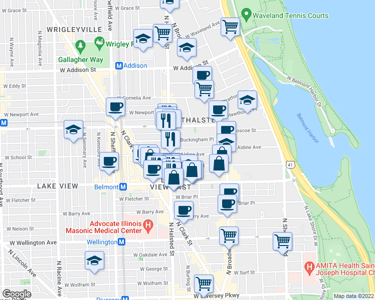 map of restaurants, bars, coffee shops, grocery stores, and more near 729 West Aldine Avenue in Chicago