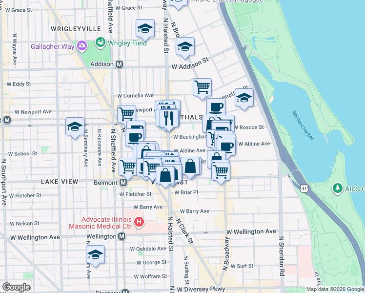 map of restaurants, bars, coffee shops, grocery stores, and more near 729 West Aldine Avenue in Chicago