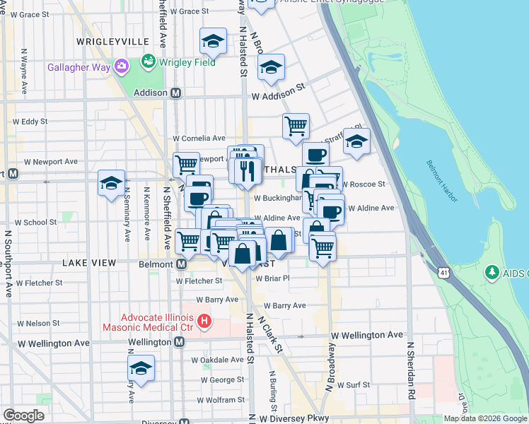 map of restaurants, bars, coffee shops, grocery stores, and more near 729 West Aldine Avenue in Chicago
