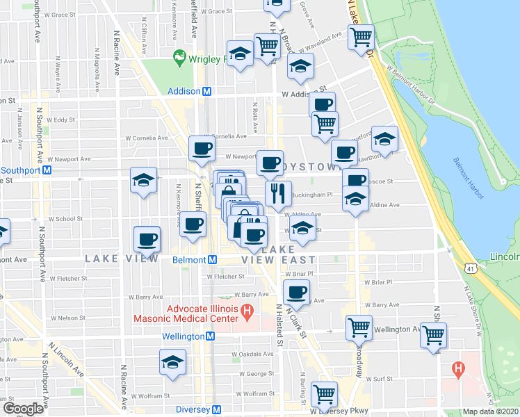 map of restaurants, bars, coffee shops, grocery stores, and more near 855 West Aldine Avenue in Chicago