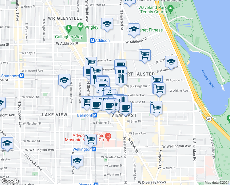 map of restaurants, bars, coffee shops, grocery stores, and more near 855 West Aldine Avenue in Chicago