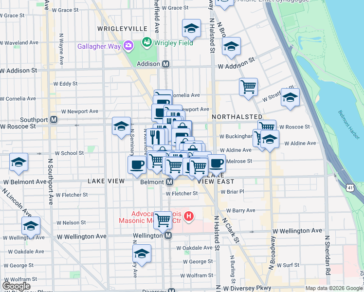 map of restaurants, bars, coffee shops, grocery stores, and more near 3309 North Clark Street in Chicago