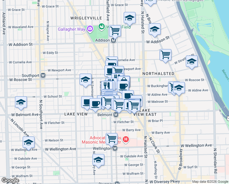 map of restaurants, bars, coffee shops, grocery stores, and more near 3257 North Sheffield Avenue in Chicago