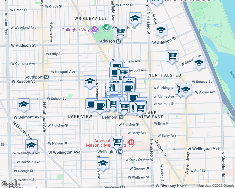 map of restaurants, bars, coffee shops, grocery stores, and more near 3257 North Sheffield Avenue in Chicago