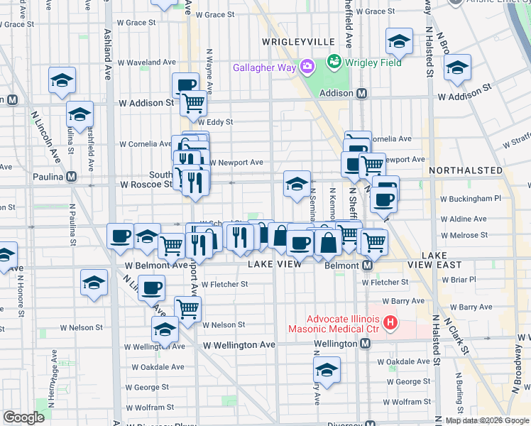 map of restaurants, bars, coffee shops, grocery stores, and more near 1225 West School Street in Chicago