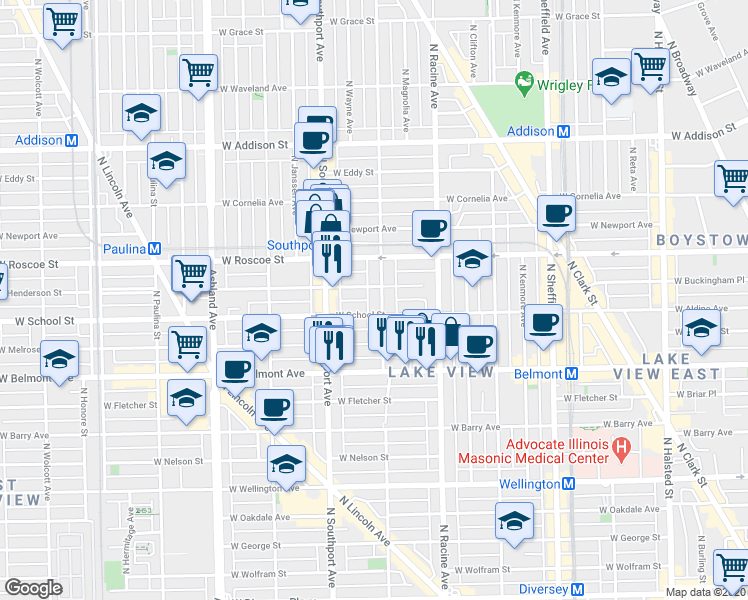 map of restaurants, bars, coffee shops, grocery stores, and more near 3258 North Lakewood Avenue in Chicago