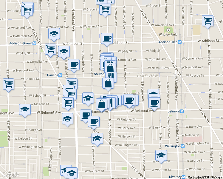 map of restaurants, bars, coffee shops, grocery stores, and more near 1337 West School Street in Chicago