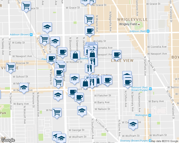 map of restaurants, bars, coffee shops, grocery stores, and more near 1415 West School Street in Chicago