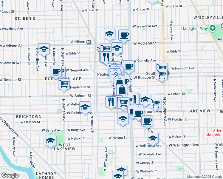 map of restaurants, bars, coffee shops, grocery stores, and more near 1716 West School Street in Chicago