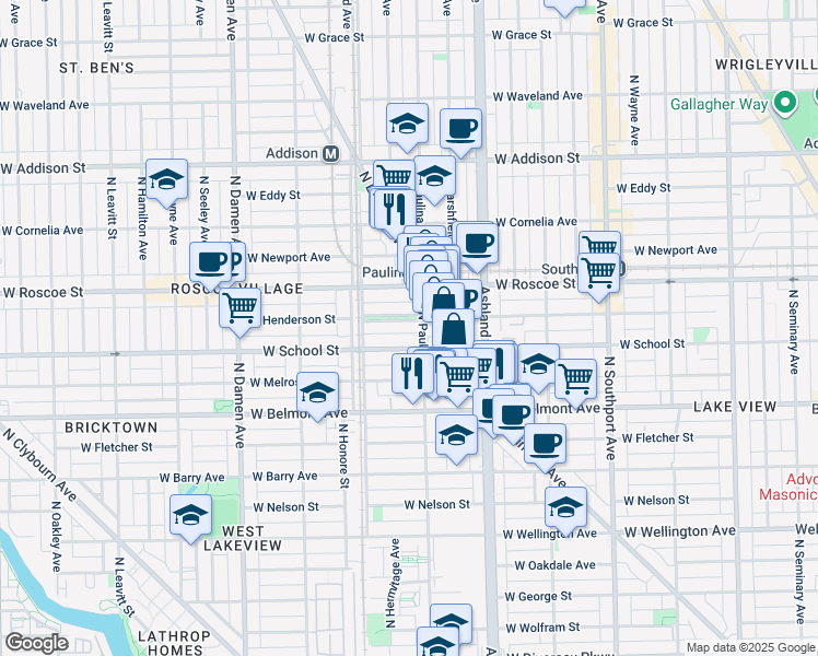 map of restaurants, bars, coffee shops, grocery stores, and more near 1716 West School Street in Chicago