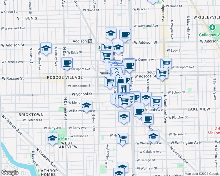 map of restaurants, bars, coffee shops, grocery stores, and more near 1716 West School Street in Chicago