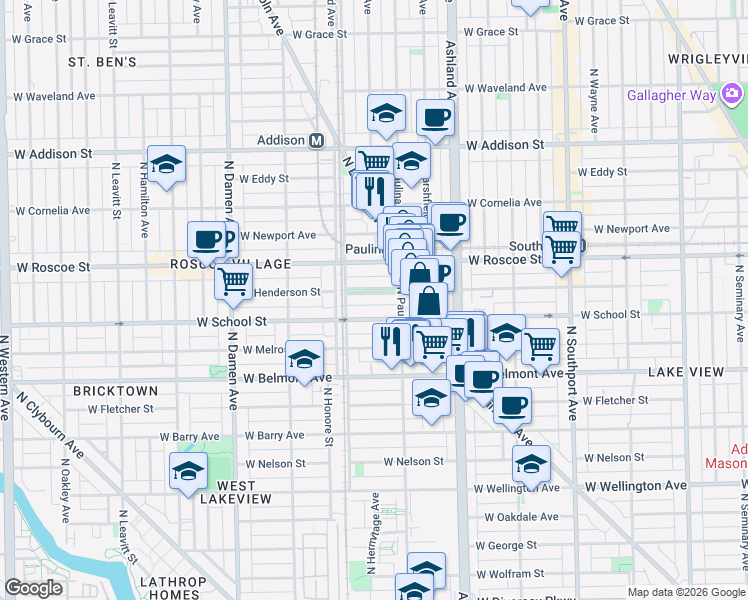 map of restaurants, bars, coffee shops, grocery stores, and more near 1716 West School Street in Chicago