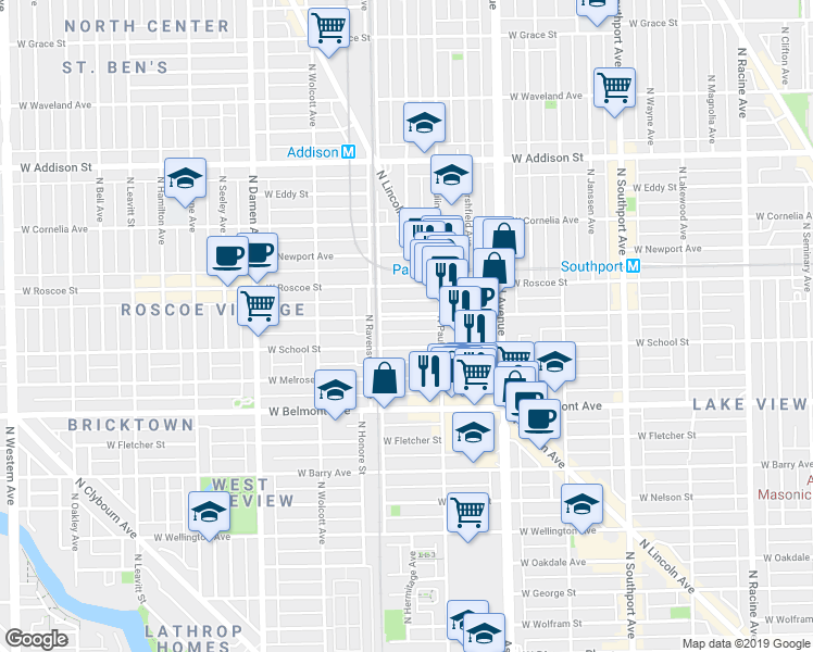 map of restaurants, bars, coffee shops, grocery stores, and more near 1716 West School Street in Chicago