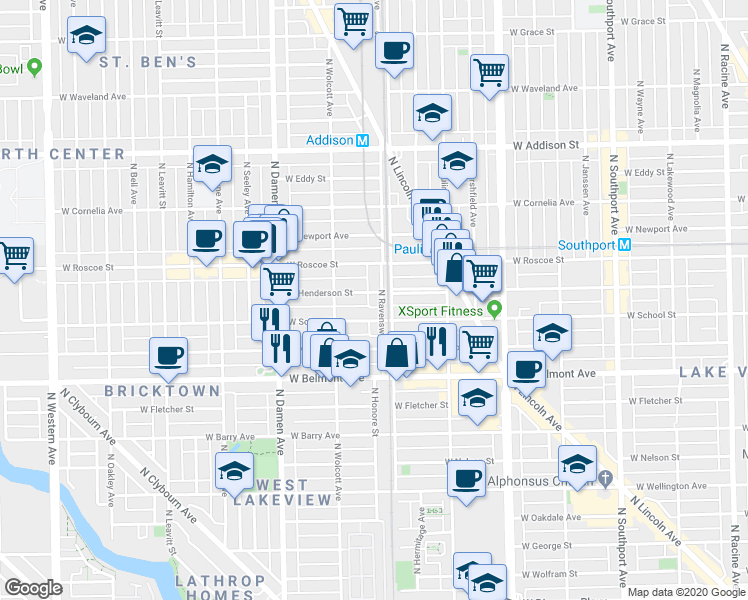 map of restaurants, bars, coffee shops, grocery stores, and more near 1826 West School Street in Chicago