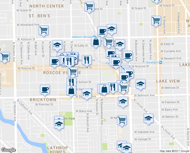 map of restaurants, bars, coffee shops, grocery stores, and more near 1820 West School Street in Chicago