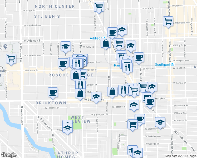 map of restaurants, bars, coffee shops, grocery stores, and more near 1826 West School Street in Chicago