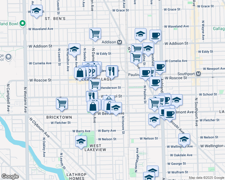 map of restaurants, bars, coffee shops, grocery stores, and more near 1910 West School Street in Chicago