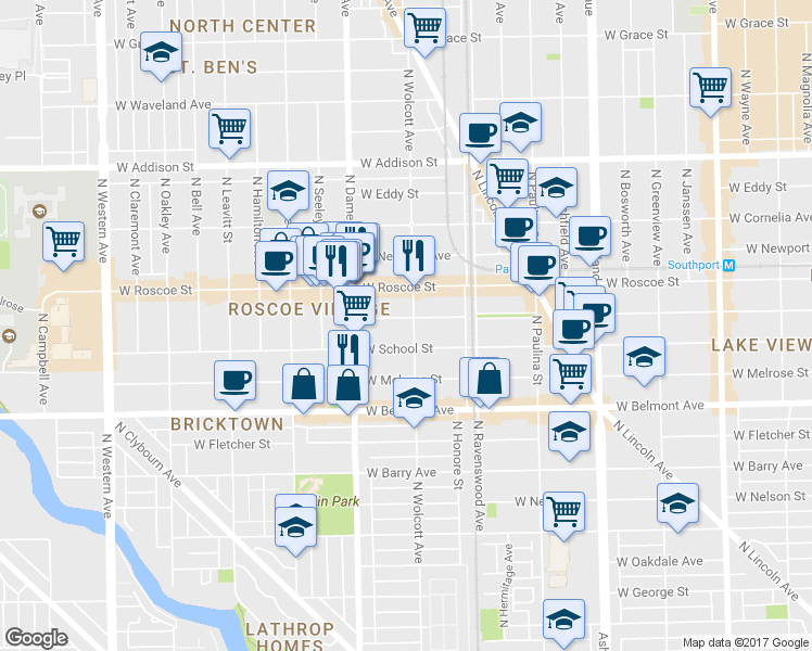 map of restaurants, bars, coffee shops, grocery stores, and more near 1910 West School Street in Chicago