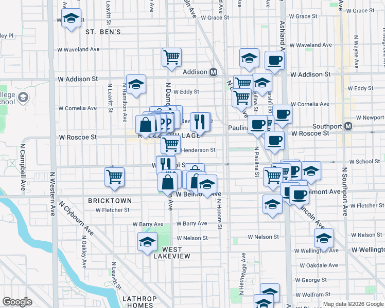 map of restaurants, bars, coffee shops, grocery stores, and more near 1910 West School Street in Chicago