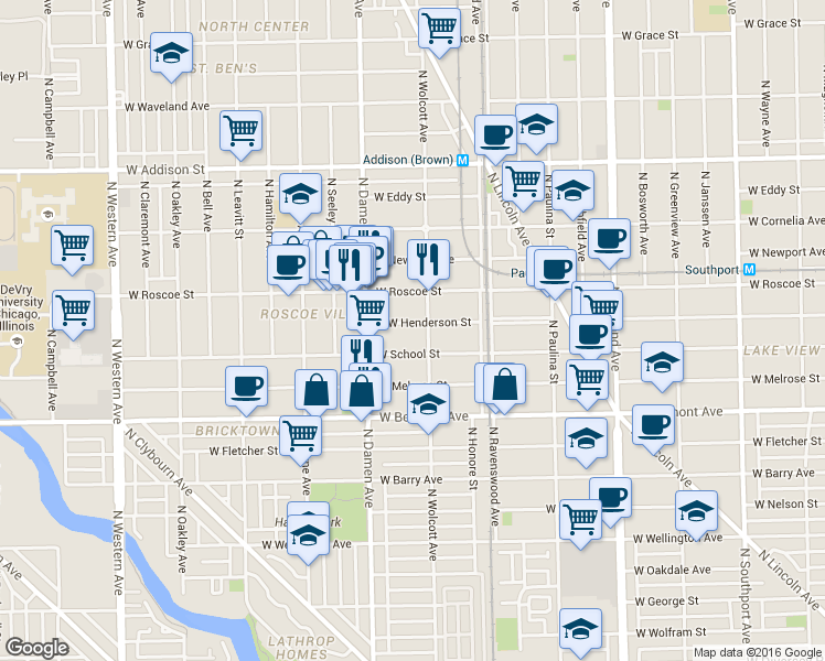 map of restaurants, bars, coffee shops, grocery stores, and more near 1910 West School Street in Chicago