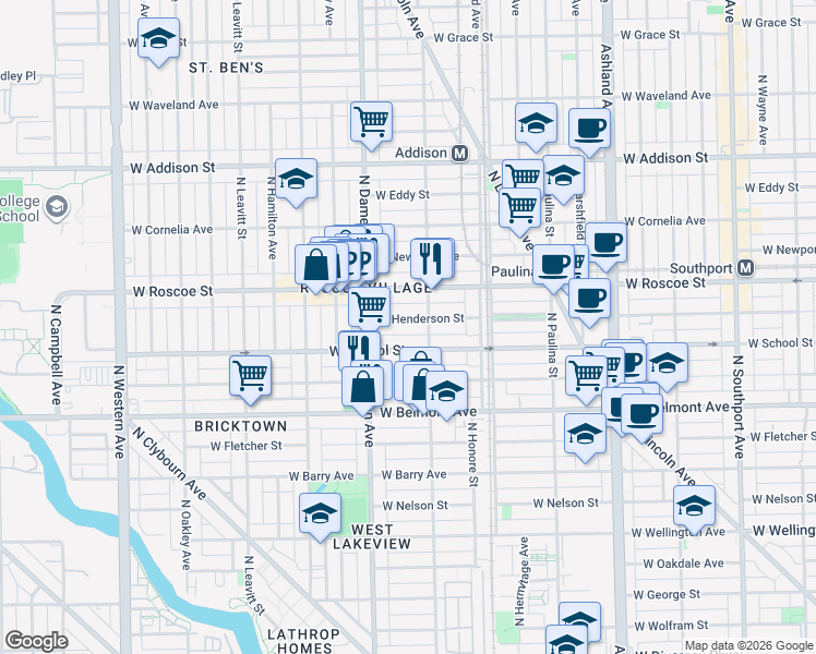 map of restaurants, bars, coffee shops, grocery stores, and more near 1910 West School Street in Chicago
