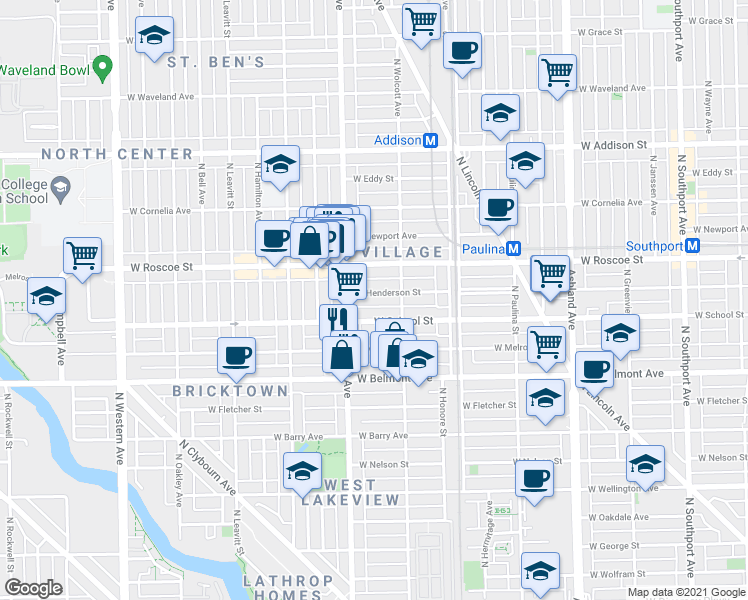 map of restaurants, bars, coffee shops, grocery stores, and more near 1910 West School Street in Chicago