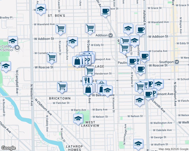 map of restaurants, bars, coffee shops, grocery stores, and more near 1948 West School Street in Chicago