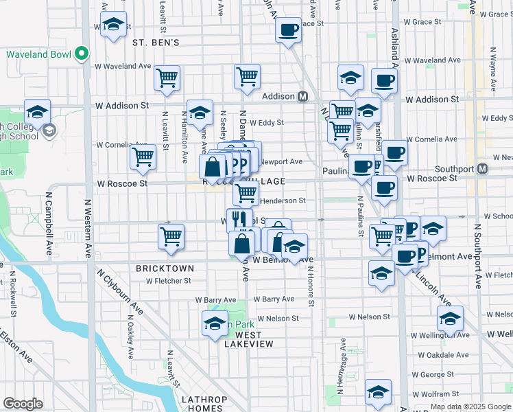 map of restaurants, bars, coffee shops, grocery stores, and more near 1952 West School Street in Chicago