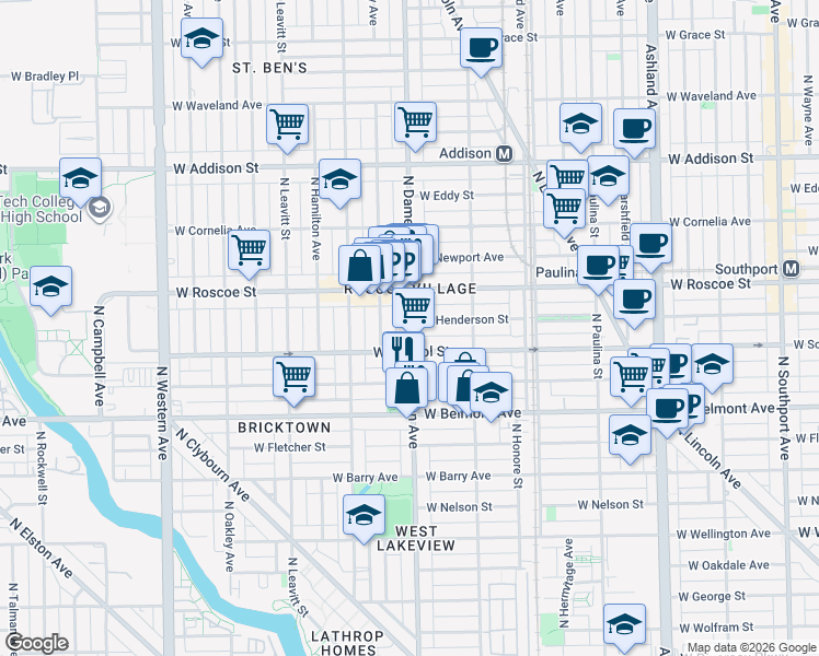 map of restaurants, bars, coffee shops, grocery stores, and more near 1948 West School Street in Chicago