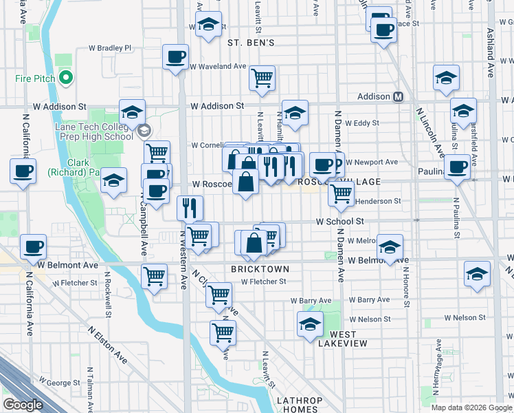 map of restaurants, bars, coffee shops, grocery stores, and more near 3301 North Bell Avenue in Chicago