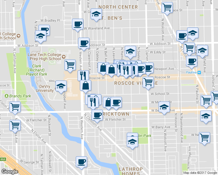 map of restaurants, bars, coffee shops, grocery stores, and more near 3301 North Bell Avenue in Chicago