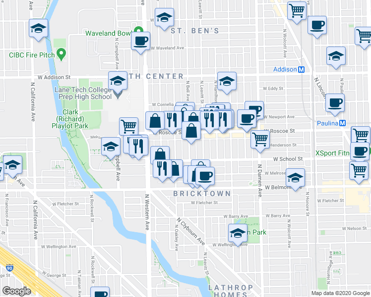 map of restaurants, bars, coffee shops, grocery stores, and more near 3303 North Oakley Avenue in Chicago