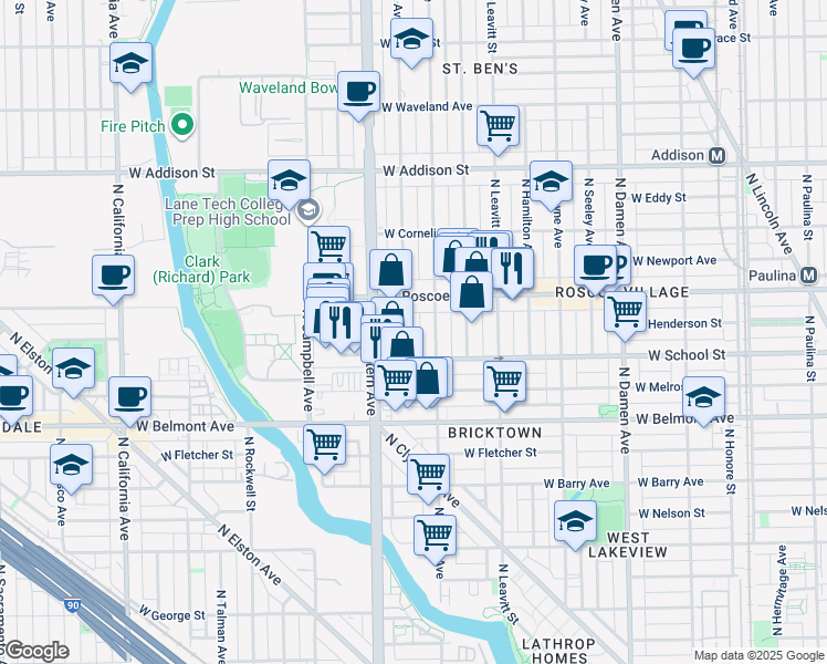 map of restaurants, bars, coffee shops, grocery stores, and more near 3300 North Claremont Avenue in Chicago